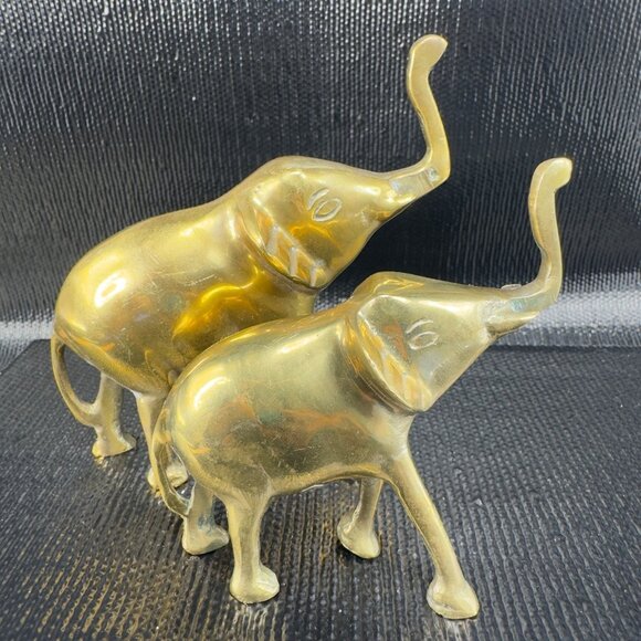 Vintage 1980s Heavy Metal Brass Elephant Figurine Set 2 Figure Decorative VTG - Picture 1 of 13